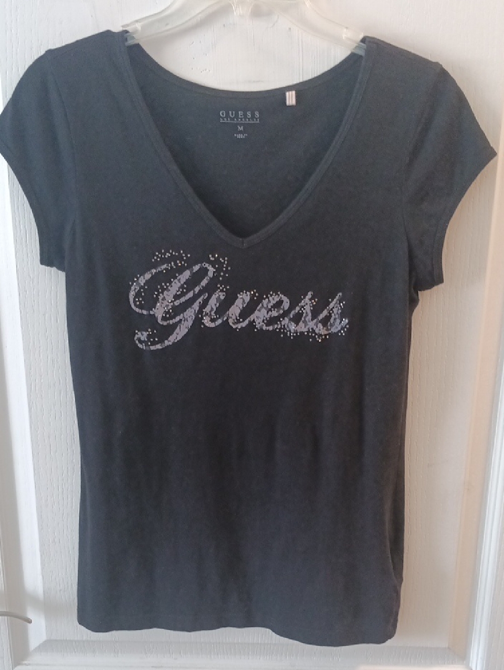 GUESS Black V-Neck Tee with Silver Script Logo